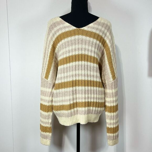 Cozy Striped Women’s V-Neck Sweater Cream Brown Lavender - Picture 4 of 13